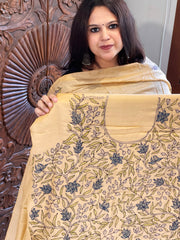 Lite Peach Suit Set with Kantha Handwork in Pure Tussar Silk