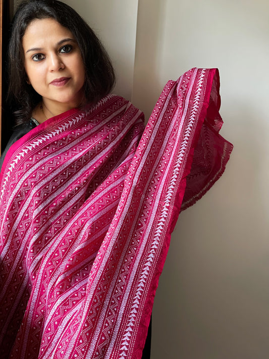 Pink Handmade Kantha Dupatta in Silk