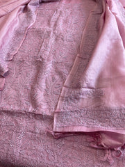 Purplish pink Suit Set with Lucknowi Handwork in Pure Tussar Silk