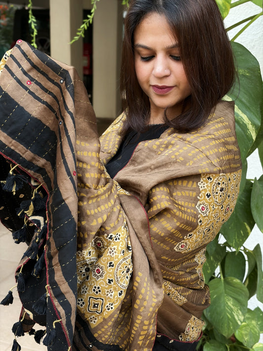 Golden Ajrakh Handblock Printed Silk-Woollen Shawl with Mirror Handwork