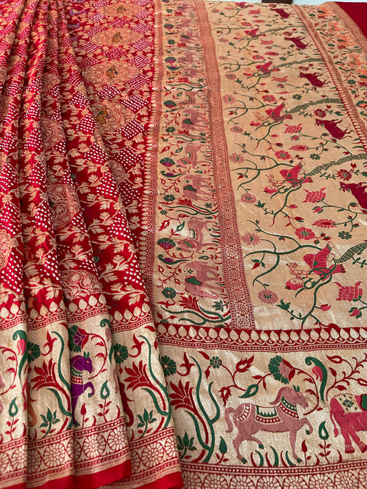 Red Handmade Bandhani Saree with Krishna Motif & Meenakari in Pure Georgette