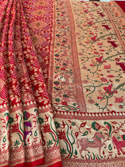 Red Handmade Bandhani Saree with Krishna Motif & Meenakari in Pure Georgette