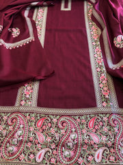 Wine Winter Suit Set with Aari Work in Pashmina Wool