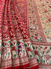 Red Handmade Bandhani Saree with Krishna Motif & Meenakari in Pure Georgette