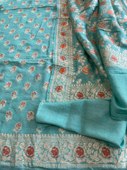 Turquoise Woven Suit Set with Zari and Meenakari in Weaving in Pure Moonga Silk