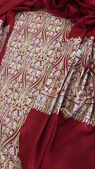 Crimson Red Winter Suit Set with Aari Work in Pashmina Wool