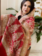 Red Handwoven NeemZari Bareek Bandhani with Meenakari and Dabka Handwork in Pure Georgette