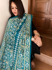 Rama Blue Handmade Nakshi Kantha Dupatta in Pure Silk