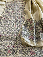 Dusty Green Suit Set with Kantha Handwork in Pure Tussar Silk