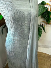 Dusty Sea Green Suit Set with Lucknowi Handwork in Pure Mul Cotton