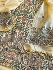 Lime Yellow Suit Set with Kantha Handwork in Pure Tussar Silk