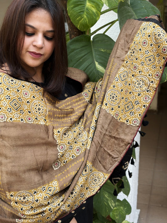 Golden Ajrakh Handblock Printed Silk-Woollen Shawl with Mirror Handwork