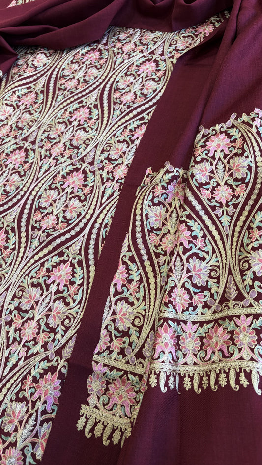 Wine Winter Suit Set with Aari Work in Pashmina Wool