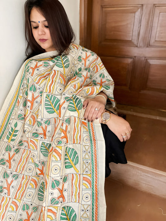 Off-White Handmade Kantha Dupatta in Silk