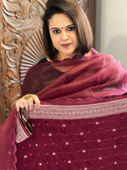 Maroon Handwoven Kadwa Banarasi with Hand Bandhani Suit Set in Pure Silk