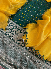 Bottle Green Handwoven Kadwa Banarasi with Hand Bandhani Suit Set in Pure Silk