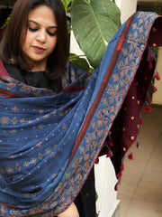 Blue Ajrakh Handblock Printed Silk-Woollen Shawl