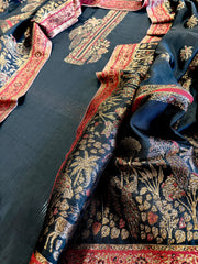 Black Suit Set with Handwoven Kaani and Zari in Pure Silk