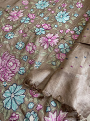 Golden Brown Suit Set with Cross-Stitch Embroidery in Pure Tussar Silk
