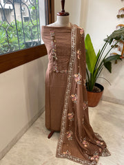 Brown Suit Set with Thread Handwork and Parsi Gara Dupatta in Mul Cotton