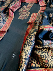 Black Suit Set with Handwoven Kaani and Zari in Pure Silk