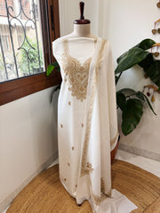 White Winter Suit Set with Aari Work in Pashmina Wool