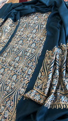 Teal Blue Winter Suit Set with Aari Work in Pashmina Wool
