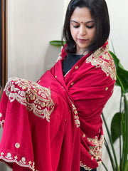 Red Crepe Dupatta with Pearl, Cut Daana, Gold Thread & Sequin Embroidery