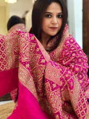 Pink Handwoven NeemZari Bareek Bandhani with Sequin, Dabka Handwork in Pure Georgette
