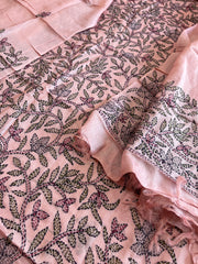 Lite Peach Suit Set with Kantha Handwork in Pure Tussar Silk