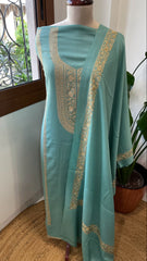 Sea Blue Winter Suit Set with Aari Work in Pashmina Wool