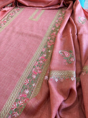 Peachish Pink Winter Suit Set with Aari Work in Pashmina Wool