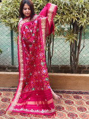 Pink Handwoven Ikat Patola with Gotapatti & Pearl Handwork dupatta in Pure Silk