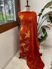 Rust Crepe Suit Set With Knot & Sequin Handwork