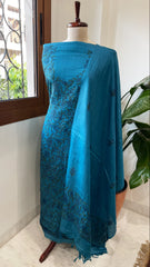 Blue Suit Set with Kantha Handwork in Pure Tussar Silk