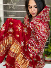 Red, Black Bandhani Dupatta with Gotapatti Handwork in Pure Silk