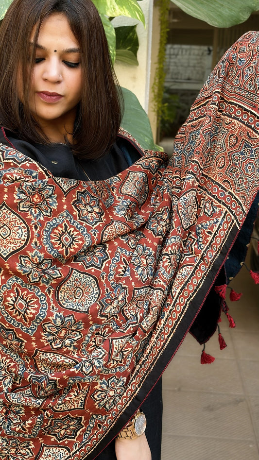 Rust Ajrakh Handblock Printed Silk-Woollen Shawl