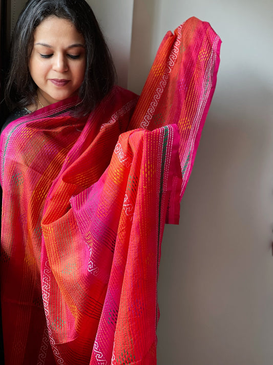 Orange, Pink Handmade Kantha Dupatta in Silk