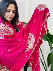 Coral Pink Crepe Dupatta with Pearl, Cut Daana, Gold Thread & Sequin Embroidery