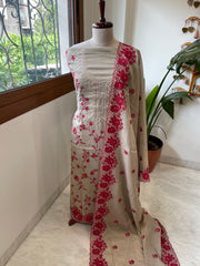 Gold. Red Suit Set with Thread Embroidery and Pitta Work in Tissue Chanderi