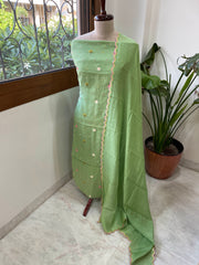 Green Suit Set with Thread Embroidery in Pure Mul
