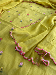 Greenish Yellow Suit Set with Thread Embroidery in Pure Mul