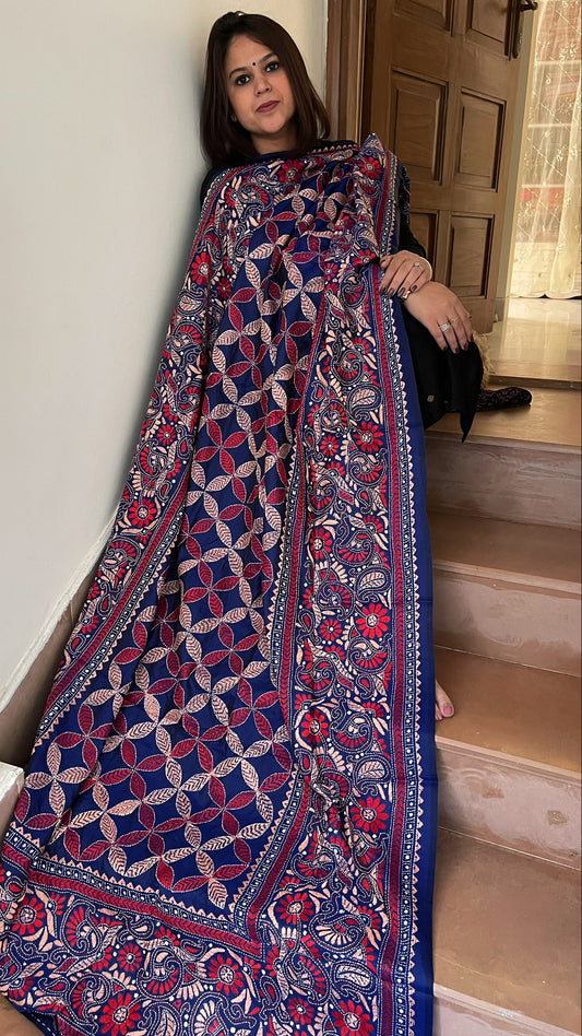 Blue Handmade Nakshi Kantha Dupatta in Pure Silk
