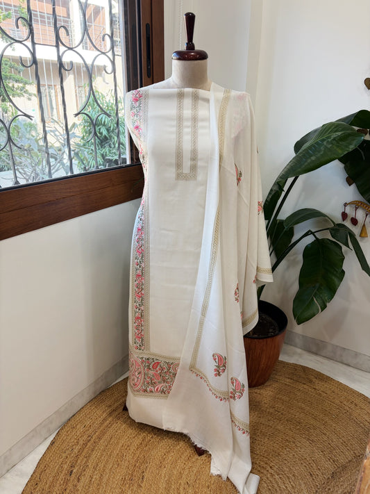 Ivory Winter Suit Set with Aari Work in Pashmina Wool