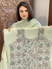 Dusty Green Suit Set with Kantha Handwork in Pure Tussar Silk