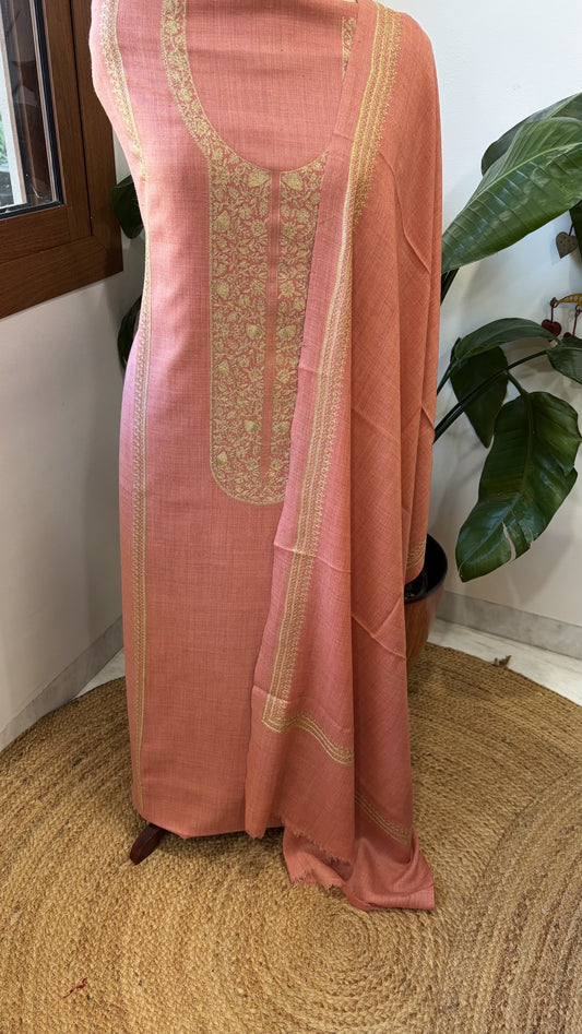 Peachish Pink Winter Suit Set with Aari Work in Pashmina Wool