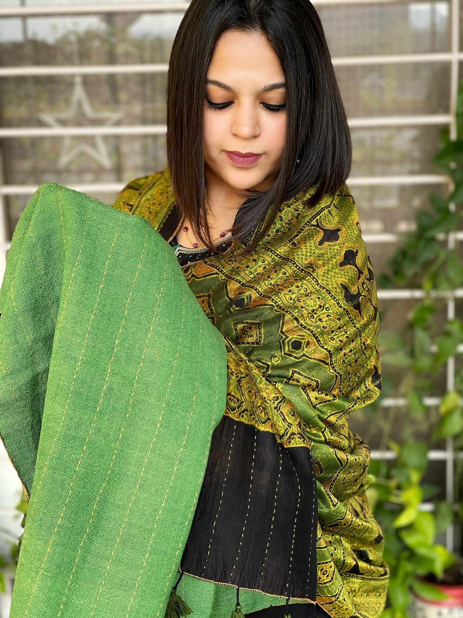 Ajrakh Handblock Printed Silk-Woollen Shawl