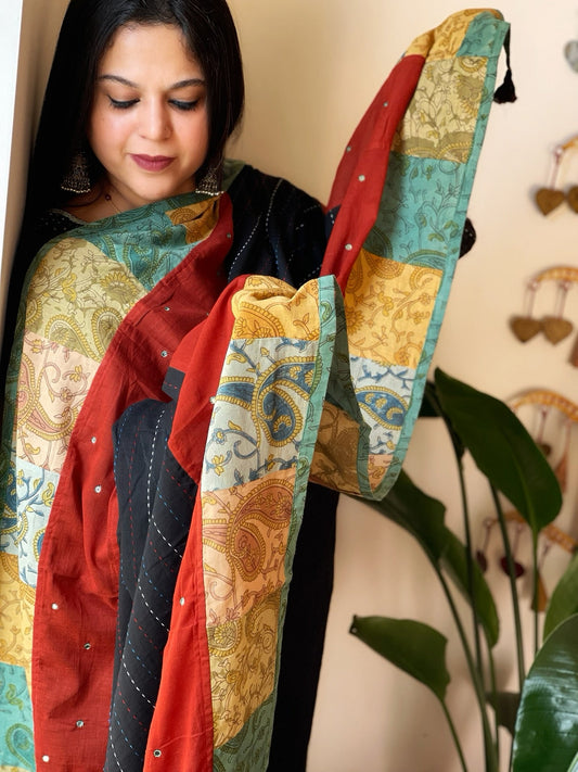 Ajrakh Patchwork Cotton Dupatta with Kantha Stitch & Mirror Work