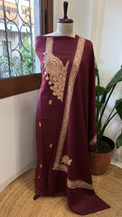 Wine Winter Suit Set with Aari Work in Pashmina Wool