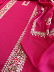 Hot Pink Winter Suit Set with Aari Work in Pashmina Wool